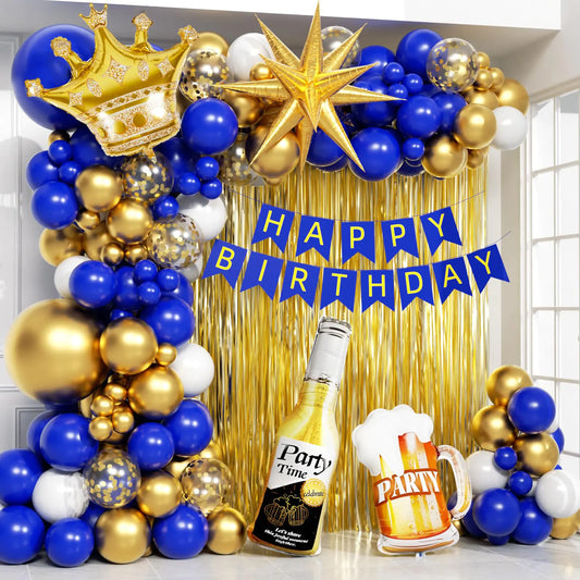 107pcs Royal Blue Gold Birthday Party Decorations with Happy Birthday Banner Foil Balloons for 16th 18th 21st 24th 32th 40th 50th 60th Birthday Decorations for Men