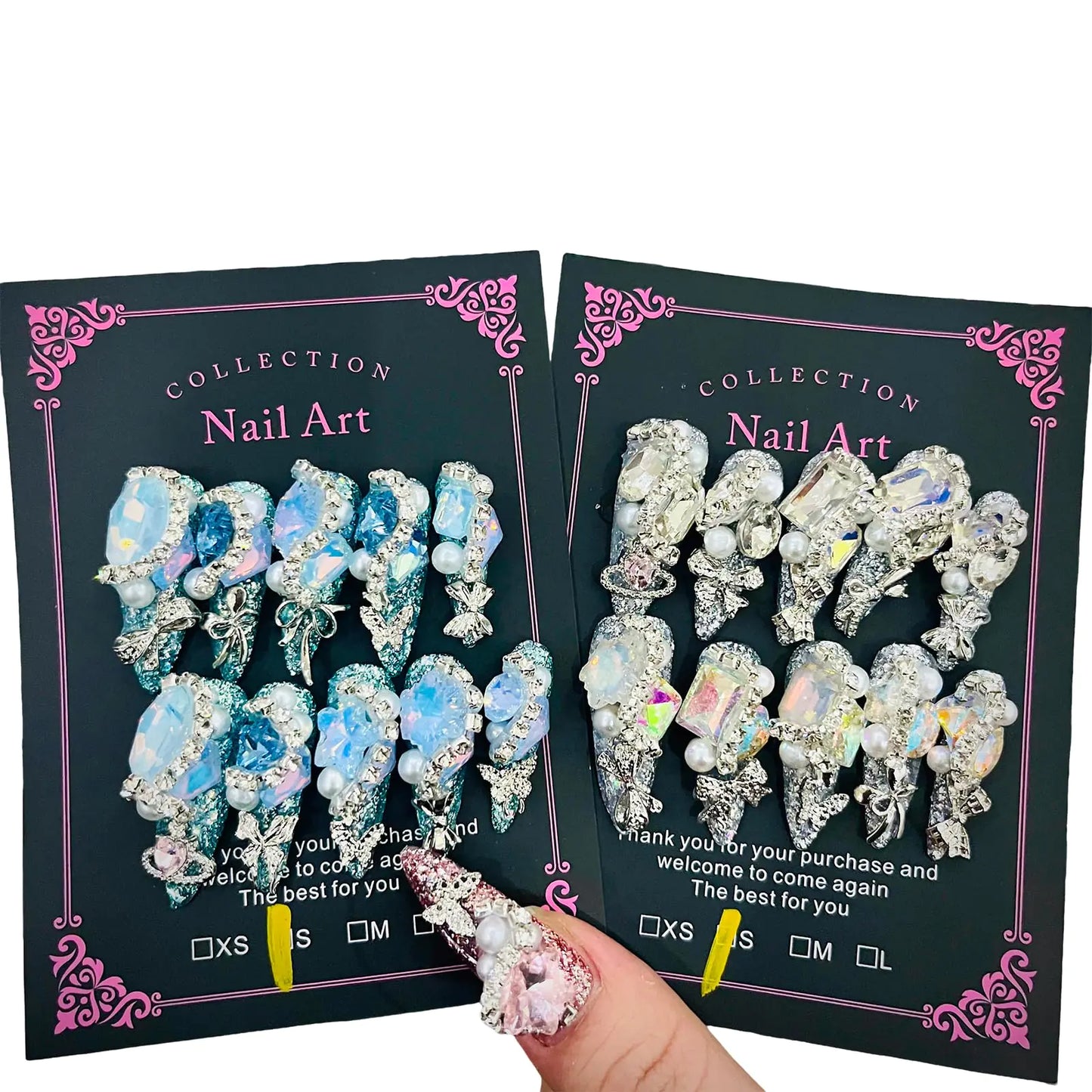 2Packs (20Pcs) Press on Nails 30mm Long Handmade Nails Manicure Charms Nails Art Nail Kit Press on Nails for Women Party Holiday Photo Wedding Size S