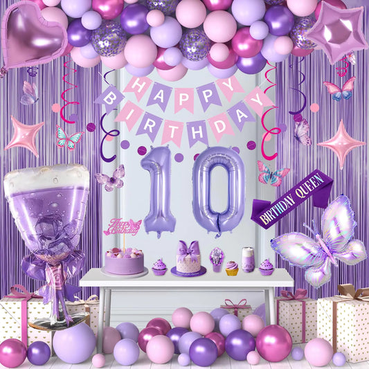 10th Purple Birthday Decorations Pink Purple 10th Birthday Decorations for Girls Lavender Party Decor Set with Number Balloons Foil Balloons Sash and Cake Topper