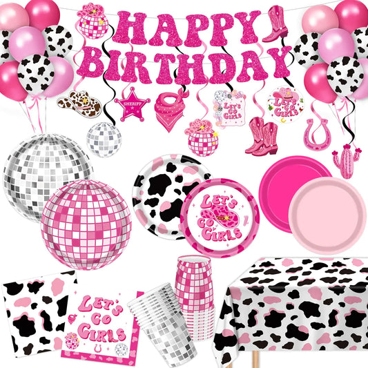131 PCS Cowgirl Birthday Party Decorations Disco Cowgirl Party Decorations - Includes Plates Napkins Cups Banner Hanging Swirl Tablecloth Balloon for Western Cowgirl Party Decorations Serve 24
